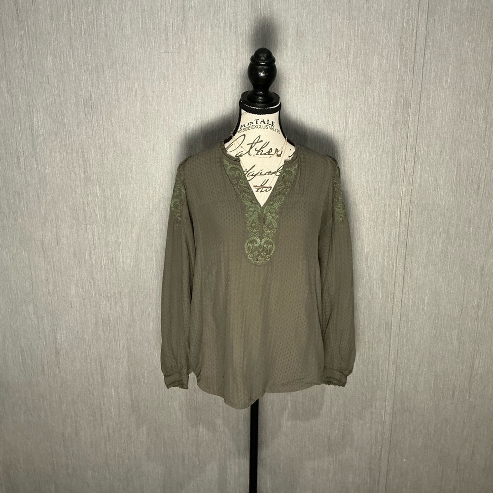 Lucky Brand Olive Embroidered Blouse Size XS